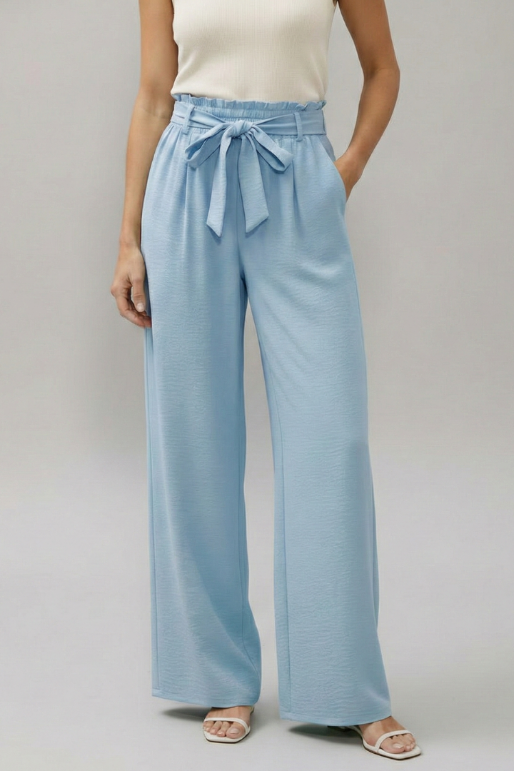 Women’s Palazzo Trousers with Elastic Waist and Tie Belt