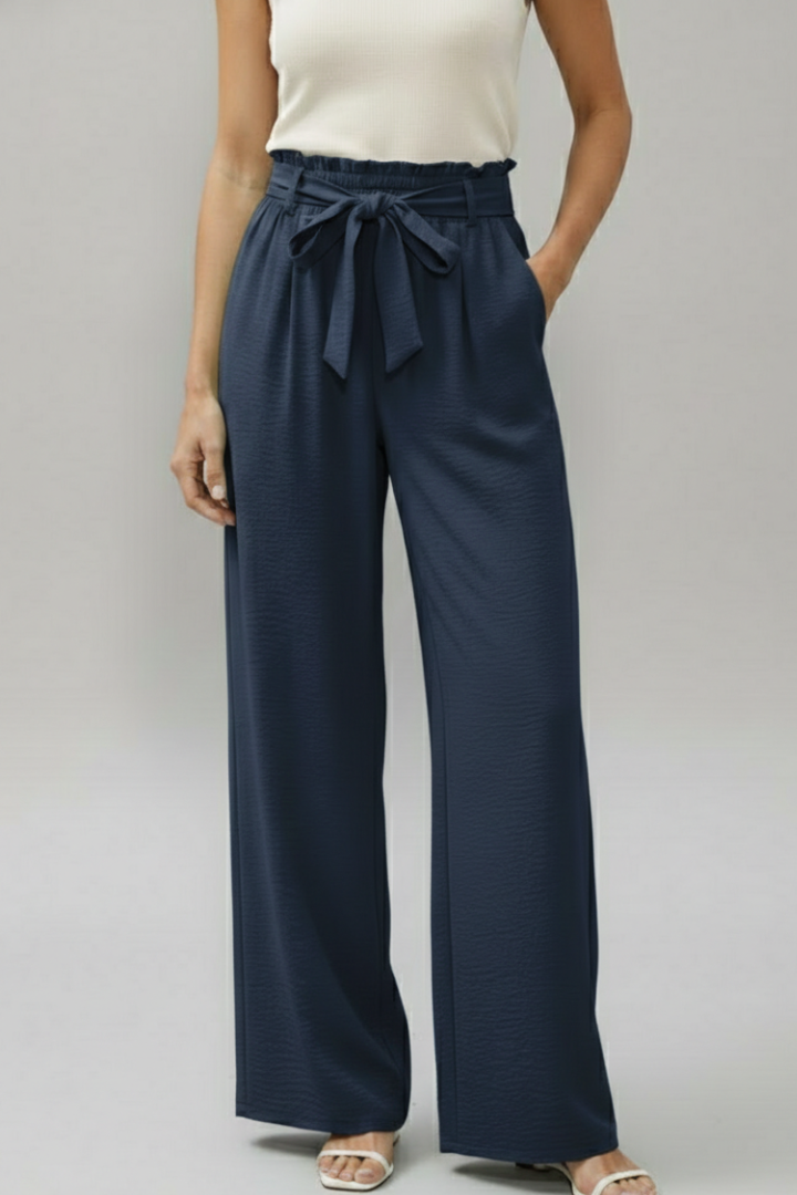 Women’s Palazzo Trousers with Elastic Waist and Tie Belt