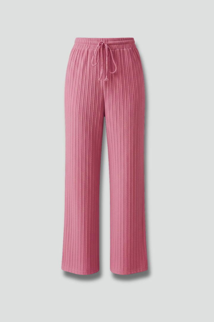 Women’s Palazzo Trousers with Ribbed Surface and Drawstring Waist
