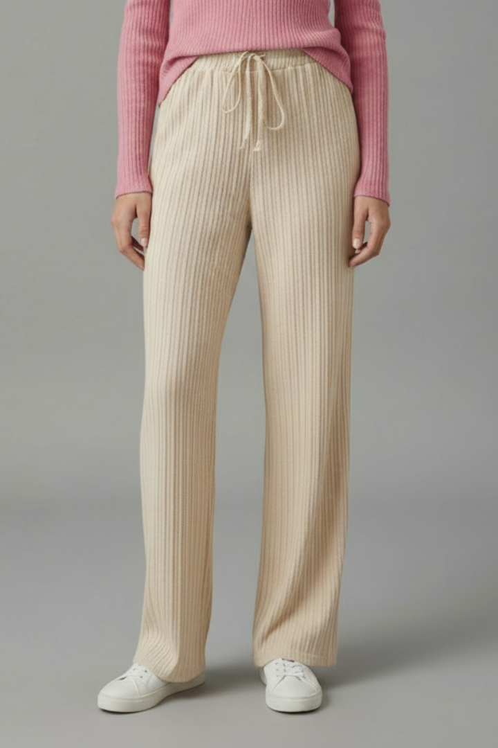 Women’s Palazzo Trousers with Ribbed Surface and Drawstring Waist