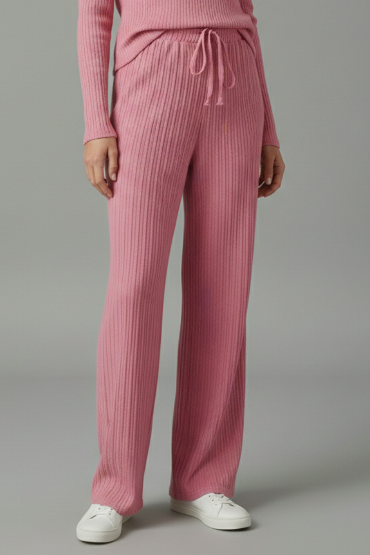 Women’s Palazzo Trousers with Ribbed Surface and Drawstring Waist