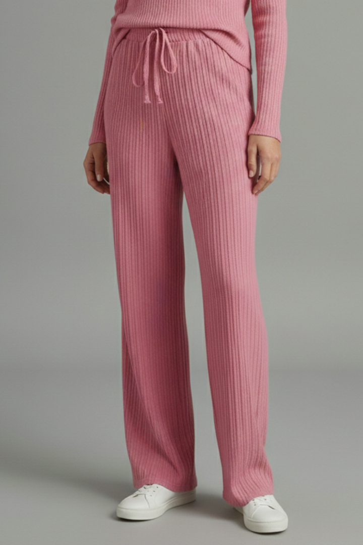 Women’s Palazzo Trousers with Ribbed Surface and Drawstring Waist