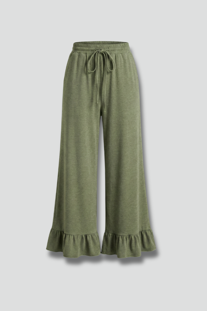 Women’s Palazzo Trousers with Ruffle Hem and Drawstring Waist
