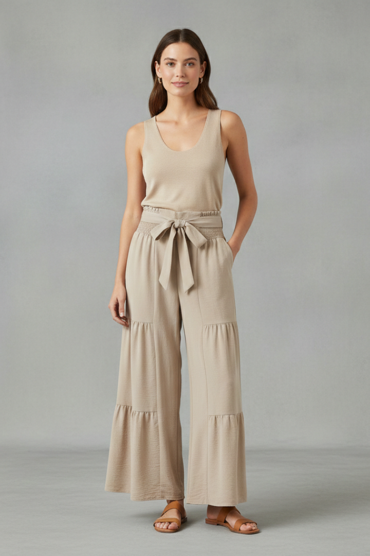 Women’s Palazzo Trousers with Ruffle Hem and Waist Belt