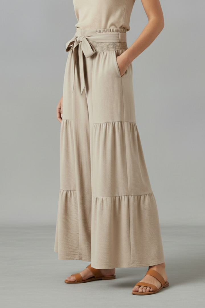Women’s Palazzo Trousers with Ruffle Hem and Waist Belt