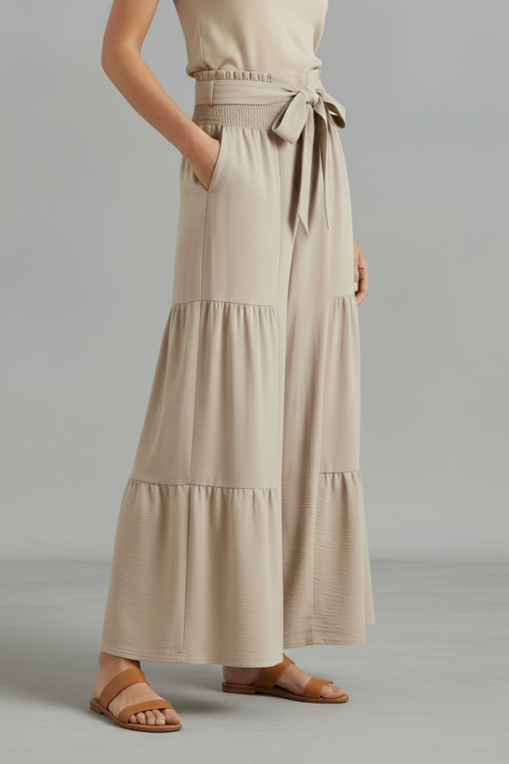 Women’s Palazzo Trousers with Ruffle Hem and Waist Belt