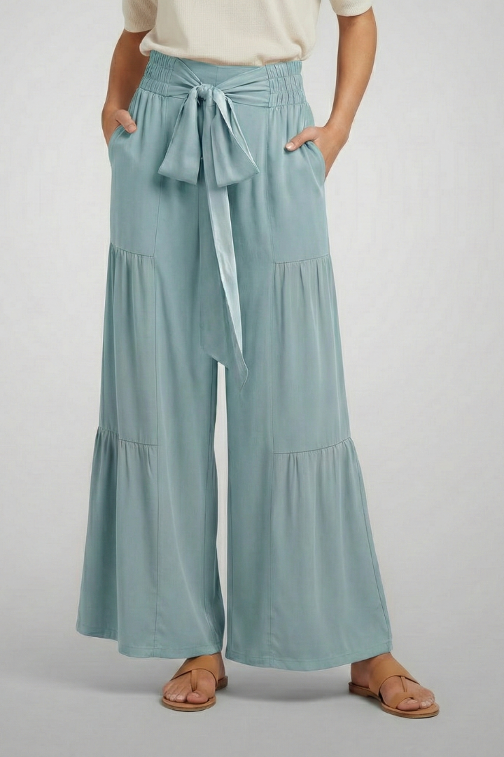Women’s Palazzo Trousers with Tie Belt and Ruffle Panels