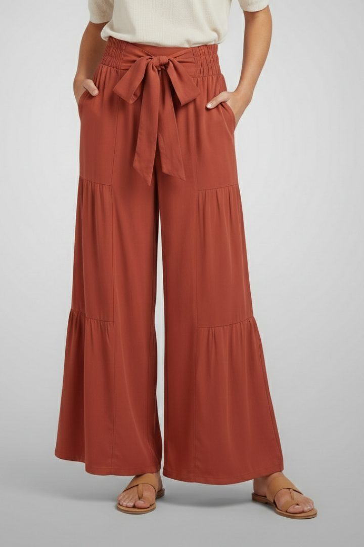 Women’s Palazzo Trousers with Tie Belt and Ruffle Panels