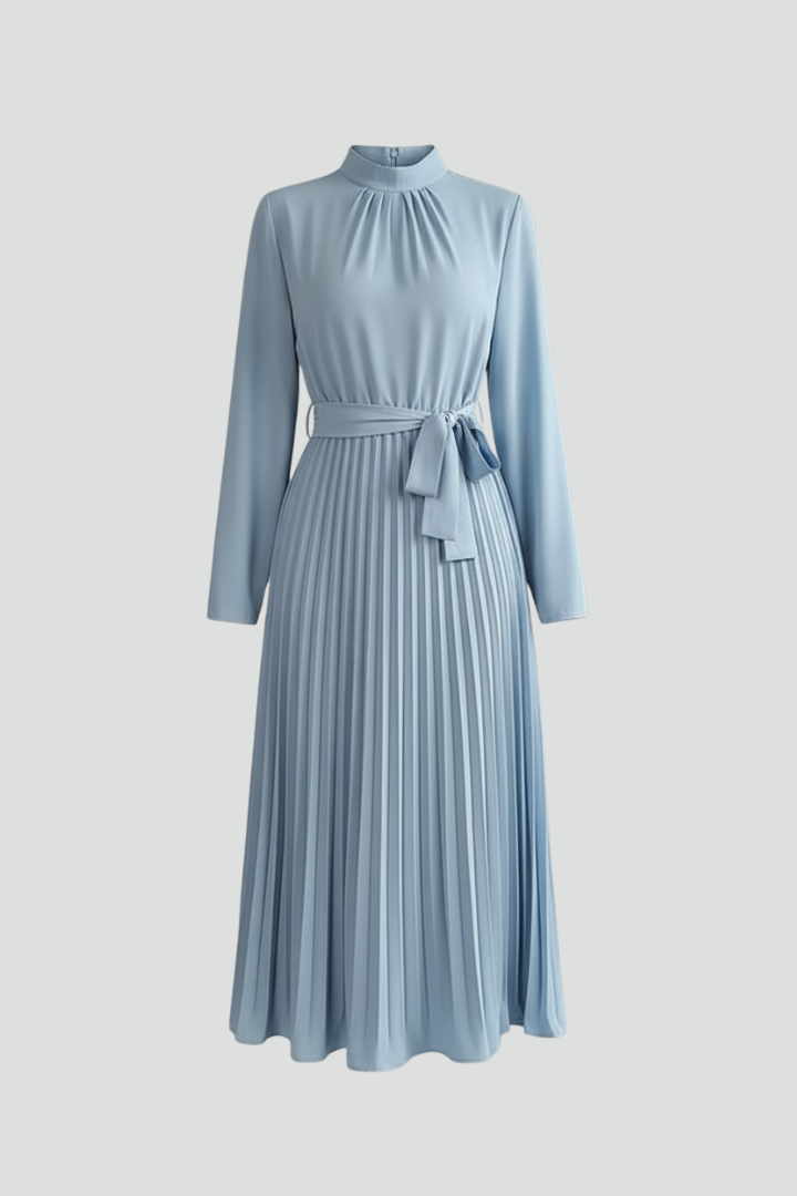 Women’s Pleated Dress with Long Sleeves and Waist Tie