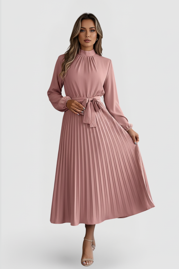 Women’s Pleated Dress with Long Sleeves and Waist Tie