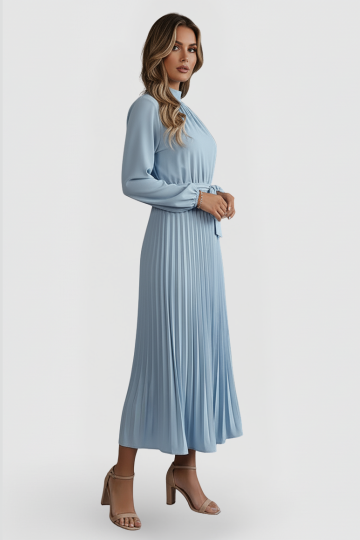 Women’s Pleated Dress with Long Sleeves and Waist Tie