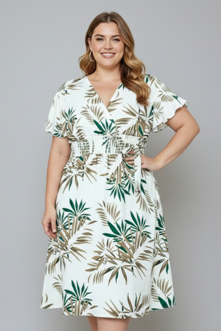 Women’s Plus Size Wrap Dress with V-Neckline and Short Sleeves