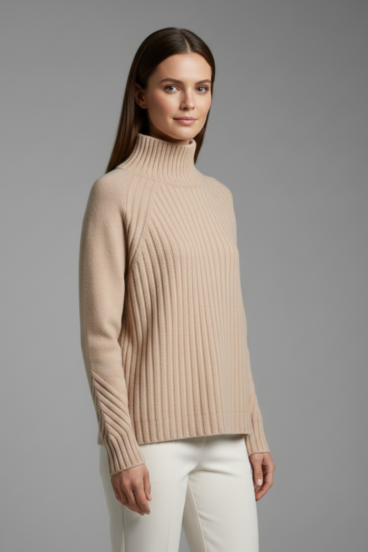 Women’s Polo Neck Jumper with Ribbed Cuffs and Straight Hem