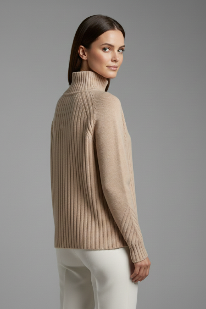 Women’s Polo Neck Jumper with Ribbed Cuffs and Straight Hem