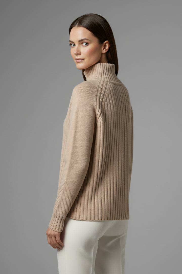 Women’s Polo Neck Jumper with Ribbed Cuffs and Straight Hem