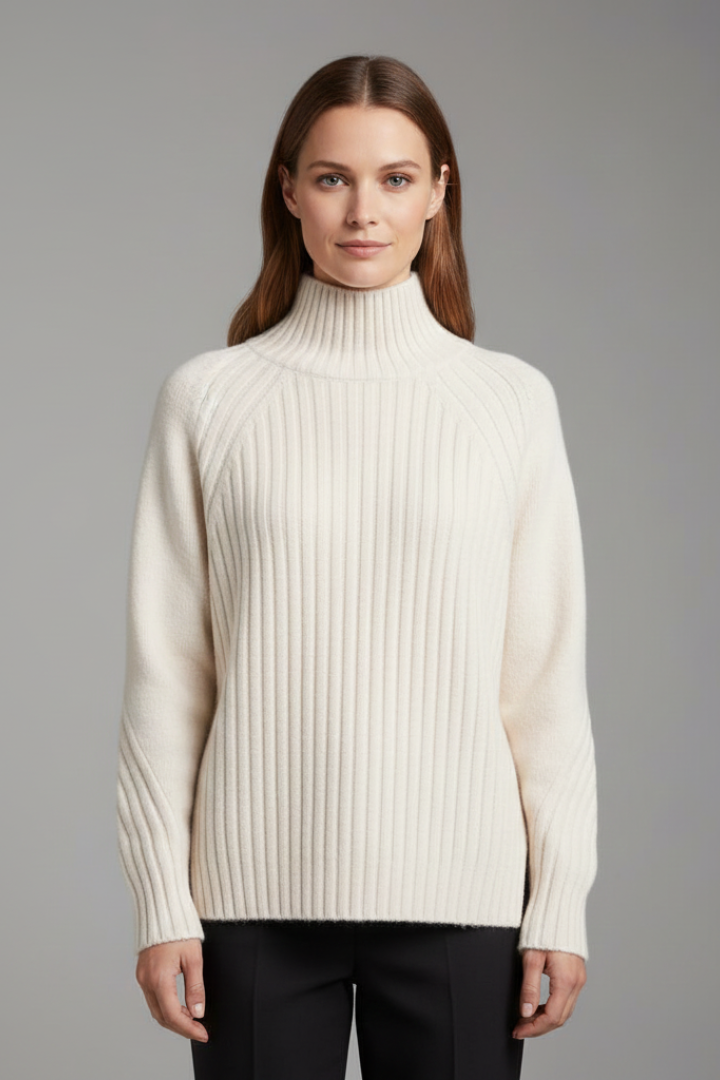 Women’s Polo Neck Jumper with Ribbed Cuffs and Straight Hem