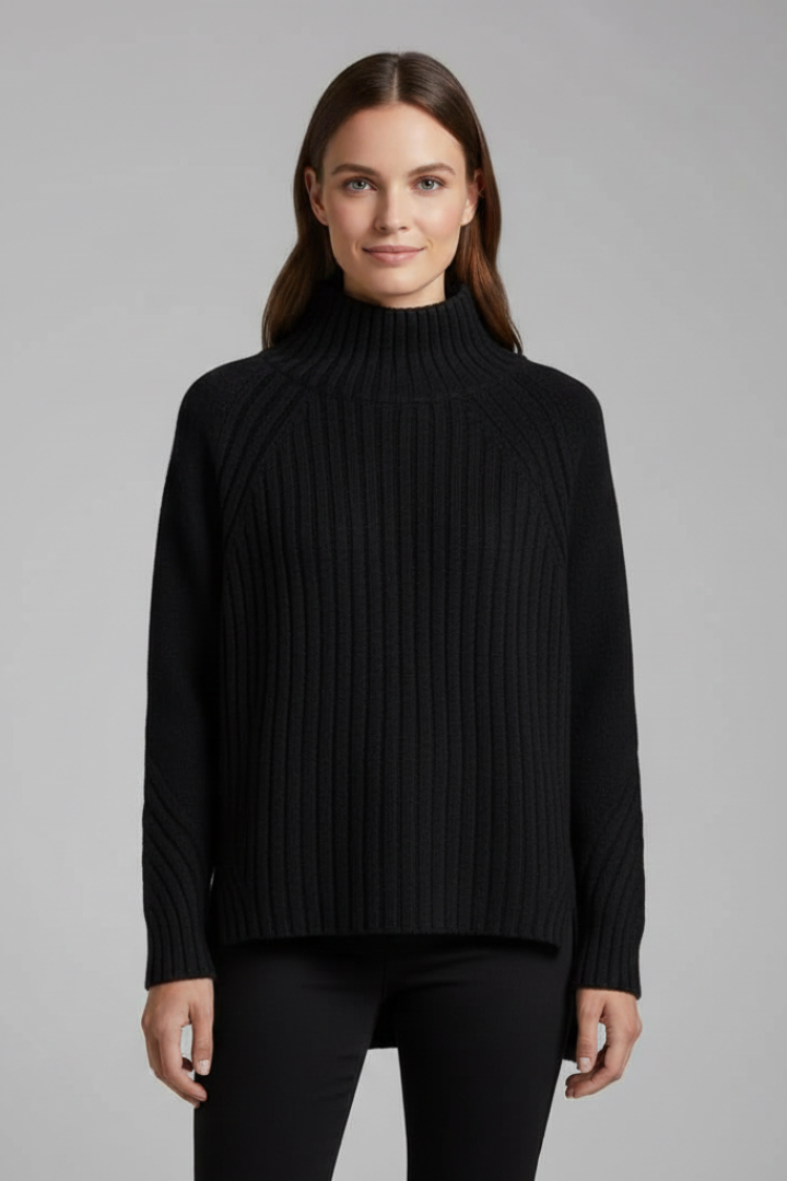 Women’s Polo Neck Jumper with Ribbed Cuffs and Straight Hem