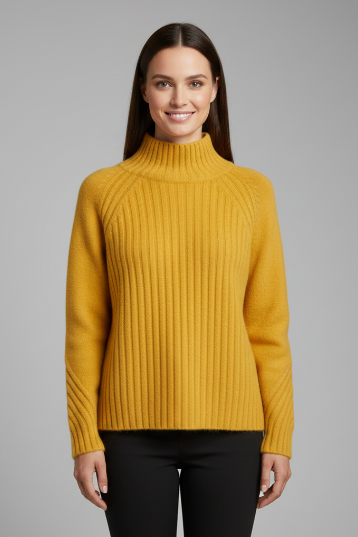 Women’s Polo Neck Jumper with Ribbed Cuffs and Straight Hem