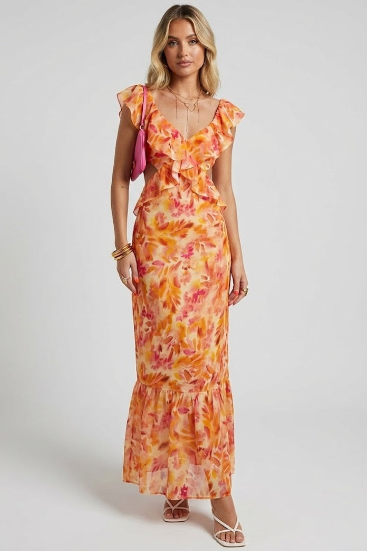 Women’s Ruffle Strap Maxi Dress with V-Neckline