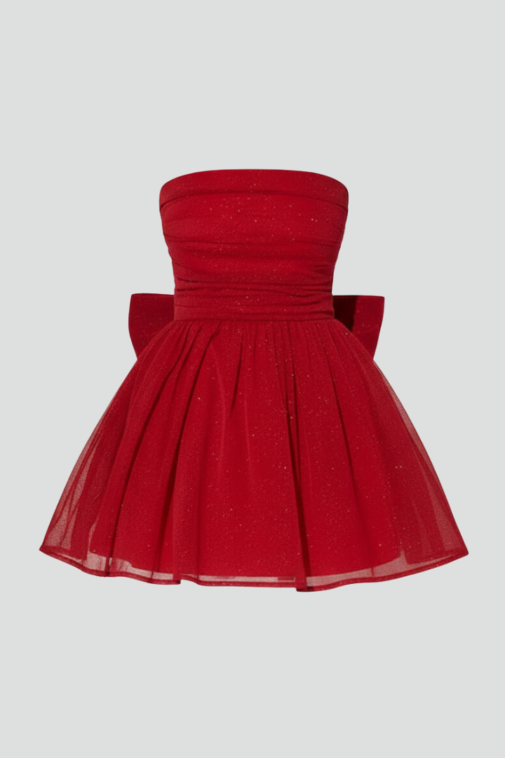 Women’s Short Dress with Bow Detail and Strapless Neckline