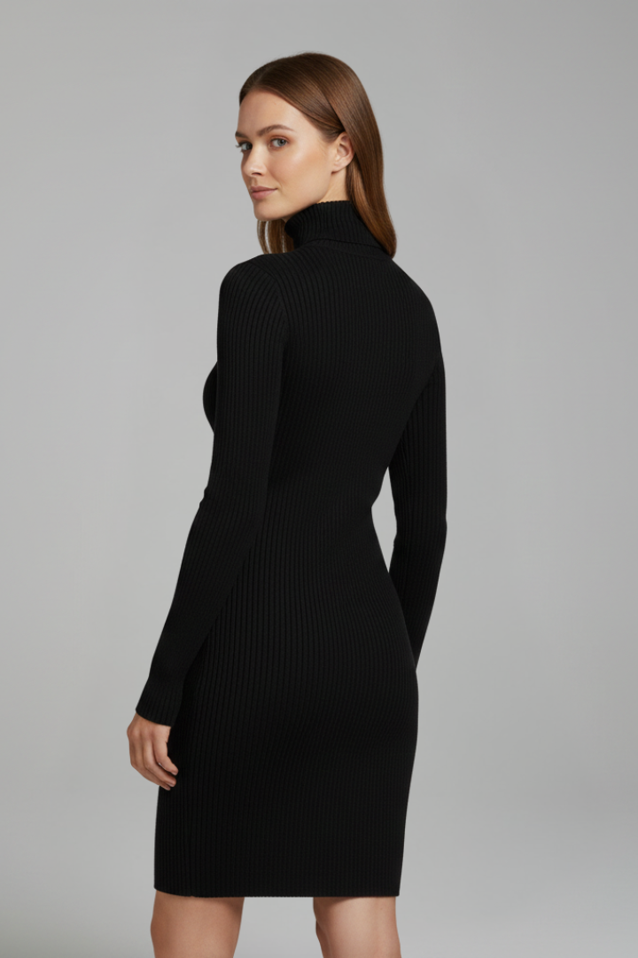 Women’s Short Dress with High Neckline and Long Sleeves