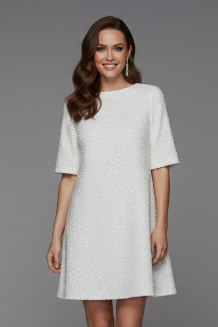Women’s Short Dress with Round Neckline and Long Sleeves