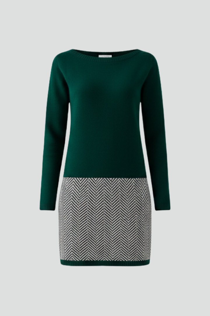 Women’s Short Dress with Round Neckline and Patterned Hem