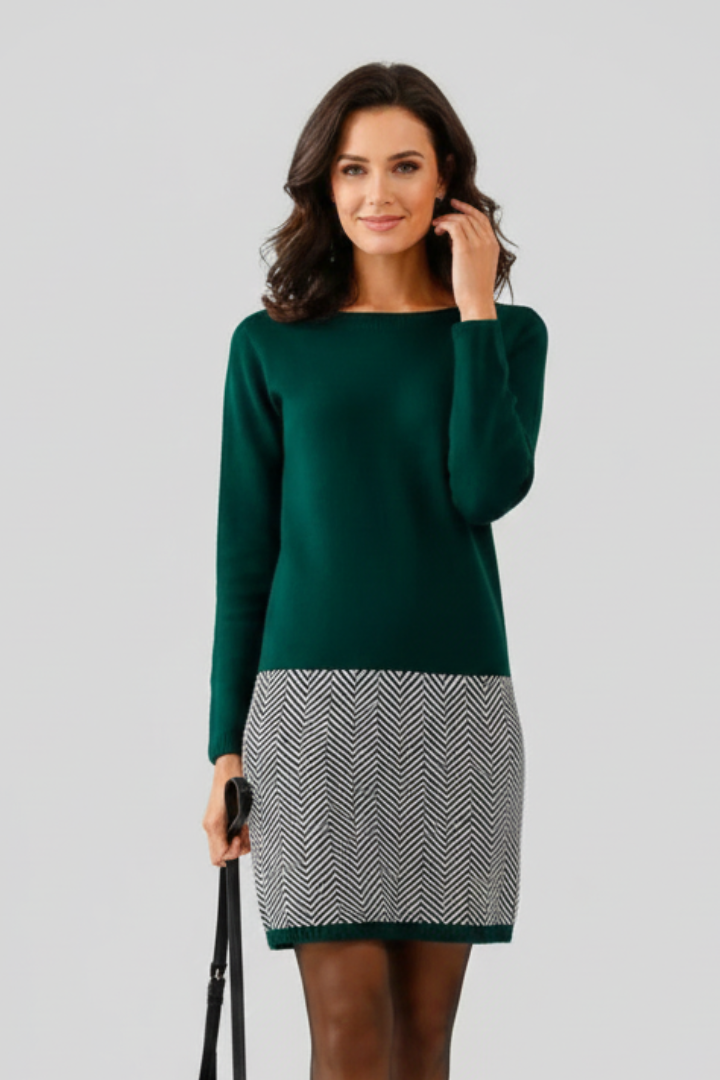 Women’s Short Dress with Round Neckline and Patterned Hem