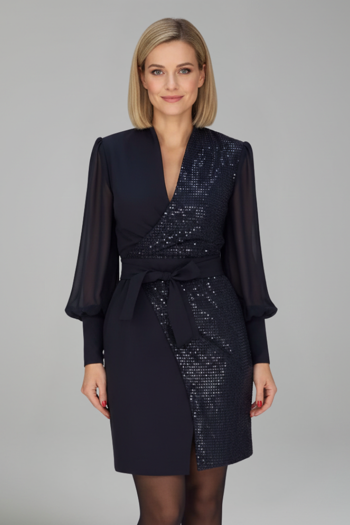 Women’s Short Dress with V Neckline and Long Sleeves