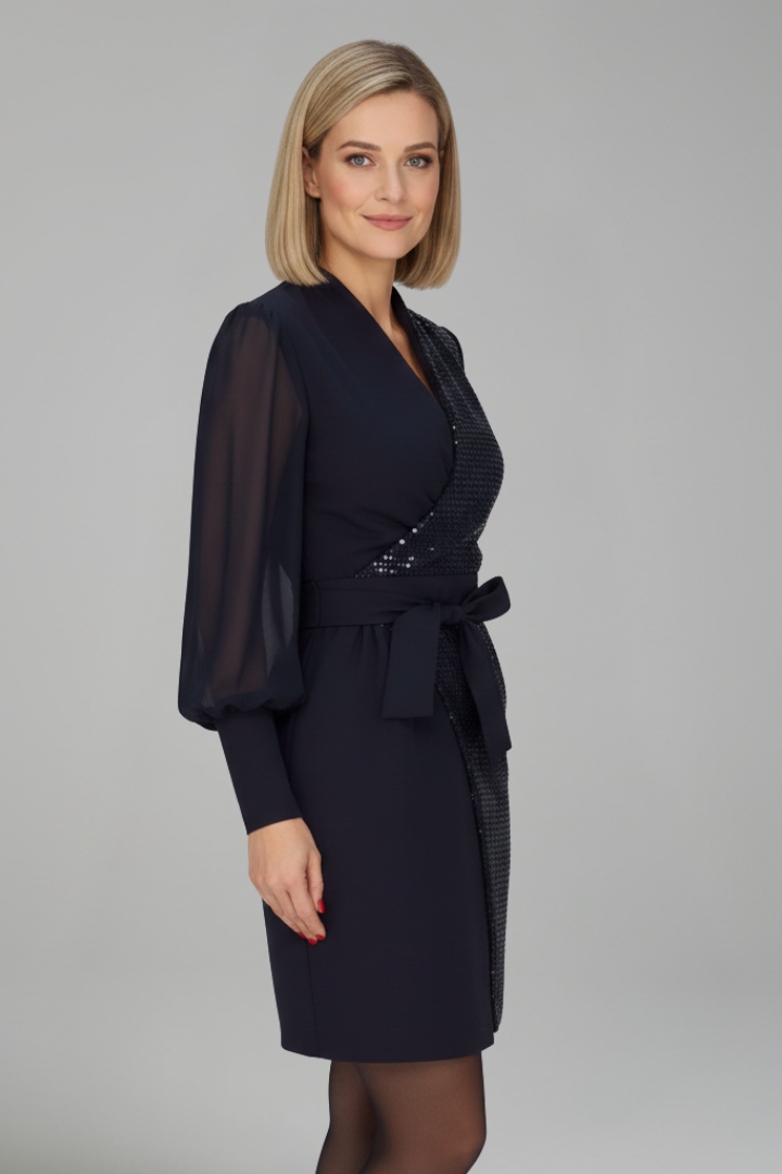 Women’s Short Dress with V Neckline and Long Sleeves