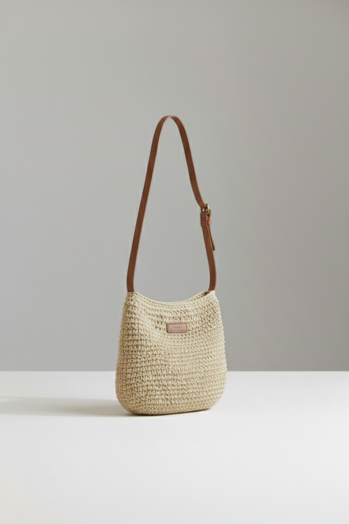 Women’s Shoulder Bag with Woven Surface and Long Strap