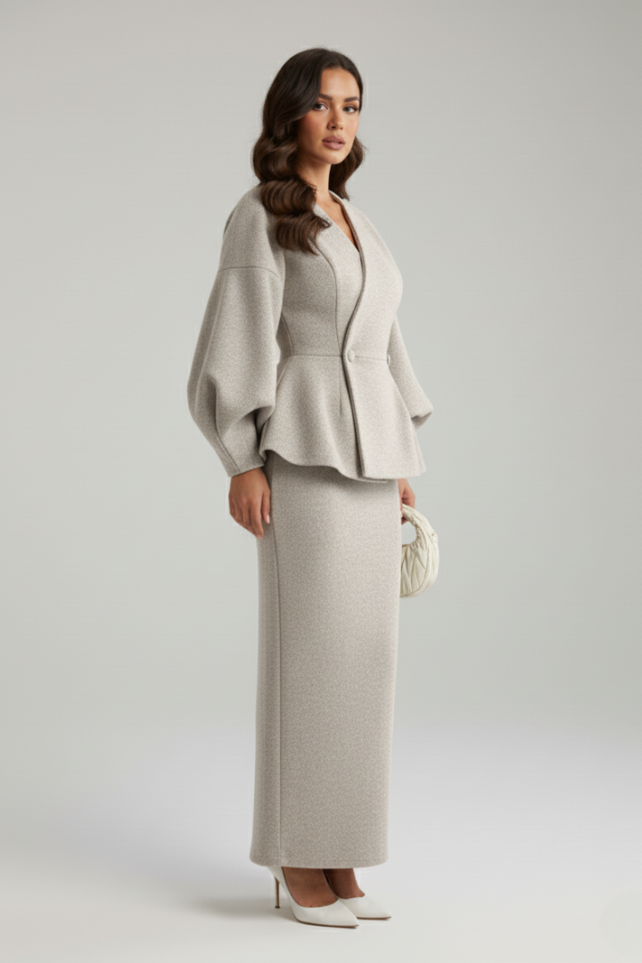 Women’s Skirt Suit Set with V-Neck Blazer and Puff Sleeves
