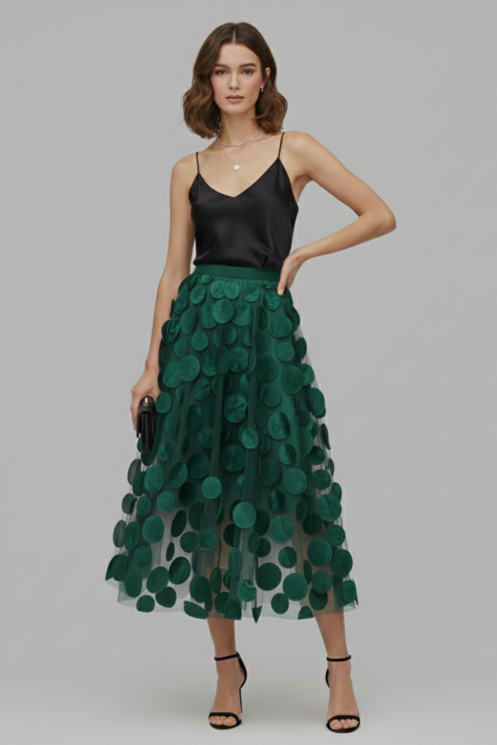 Women’s Skirt with Patchwork Tulle and Polka Dot Surface