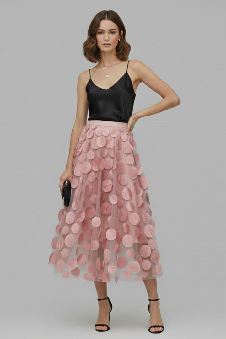 Women’s Skirt with Patchwork Tulle and Polka Dot Surface