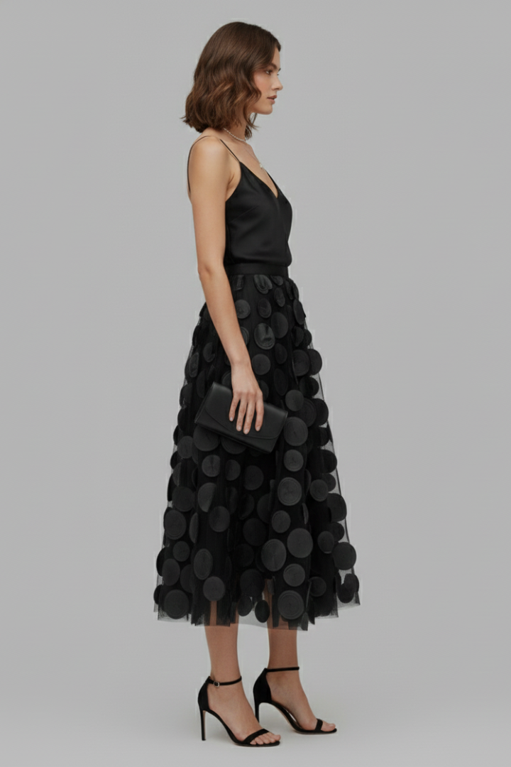 Women’s Skirt with Patchwork Tulle and Polka Dot Surface