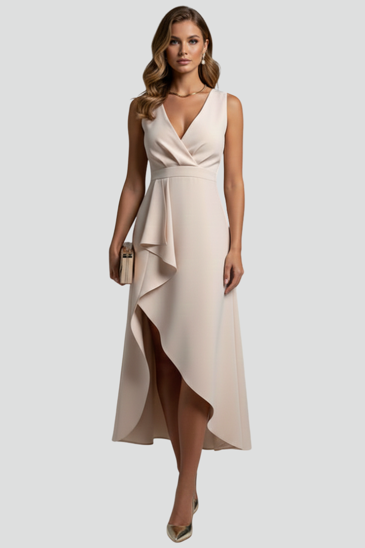 Women’s Sleeveless Wrap Dress with V-Neck and High-Low Hem