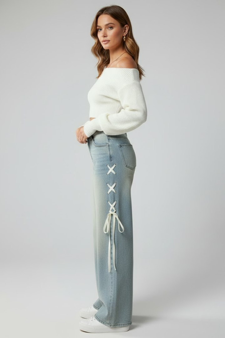 Women’s Straight-Leg Jeans with Side Lacing and Wide Legs