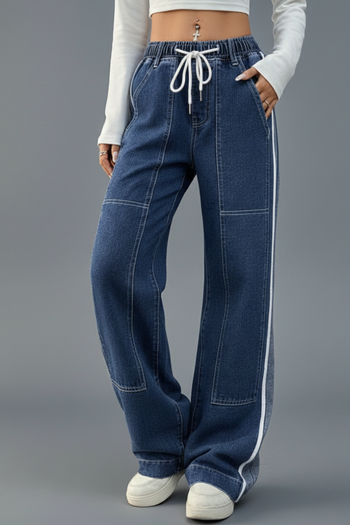 Women’s Straight-Leg Trousers with Drawstring Waist and Side Stripe