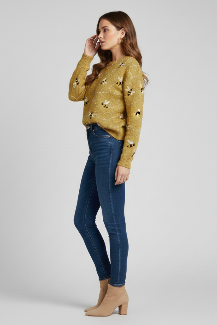Women’s Sweater with Bee Pattern and Long Sleeves