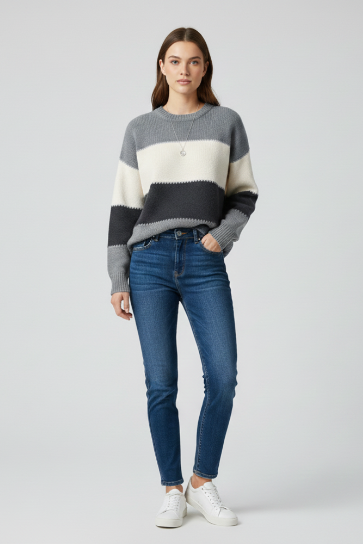 Women’s Sweater with Striped Surface and Relaxed Shape