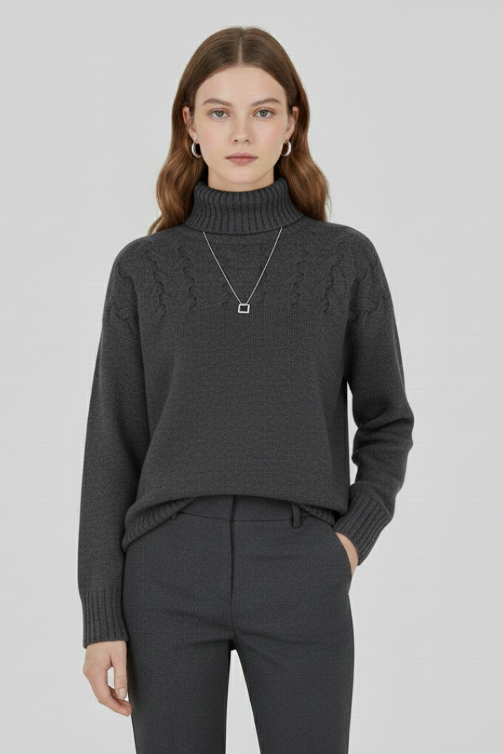 Women’s Sweater with Turtleneck and Textured Cable Pattern