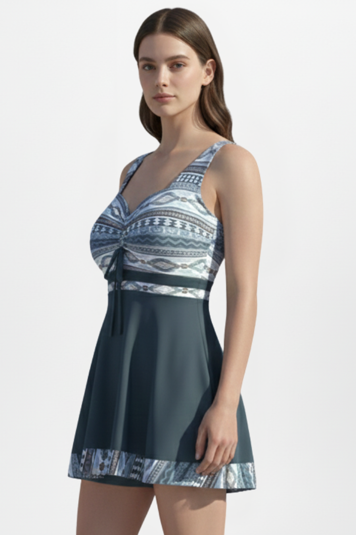 Women’s Swim Dress with Printed Upper and Tie Front