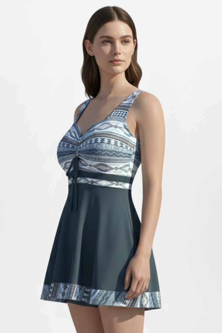 Women’s Swim Dress with Printed Upper and Tie Front