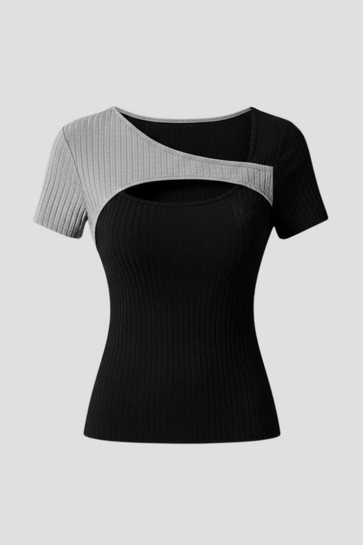 Women’s T-Shirt with Asymmetric Neckline and Contrast Panels