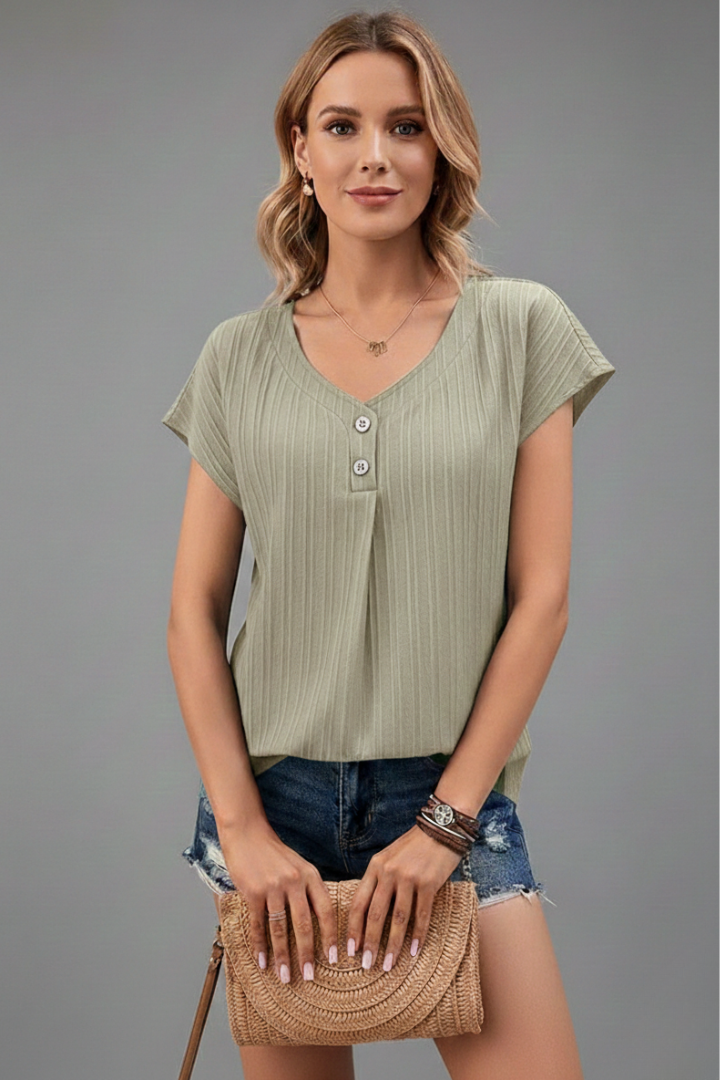 Women’s T-Shirt with Button Placket and Ribbed Surface