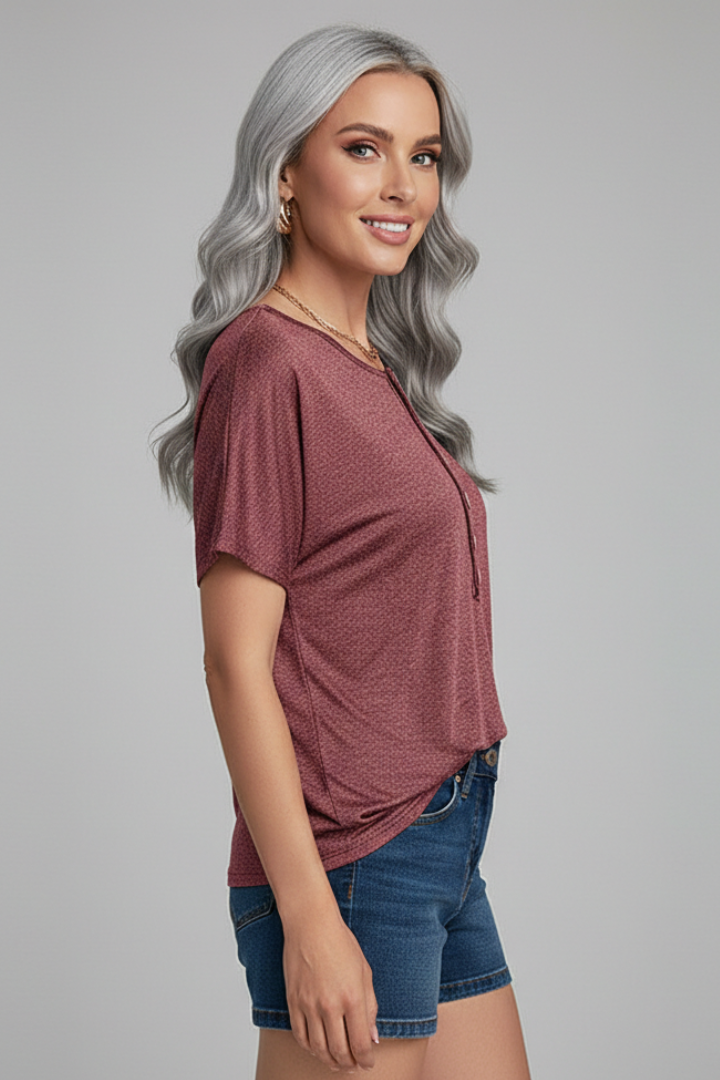 Women’s T-Shirt with Button Placket and Ribbed Surface