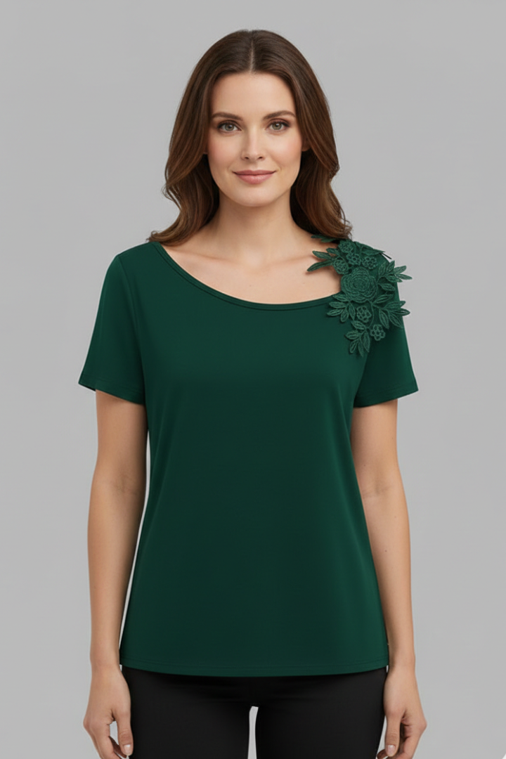 Women’s T-Shirt with Cold Shoulder and Floral Applique