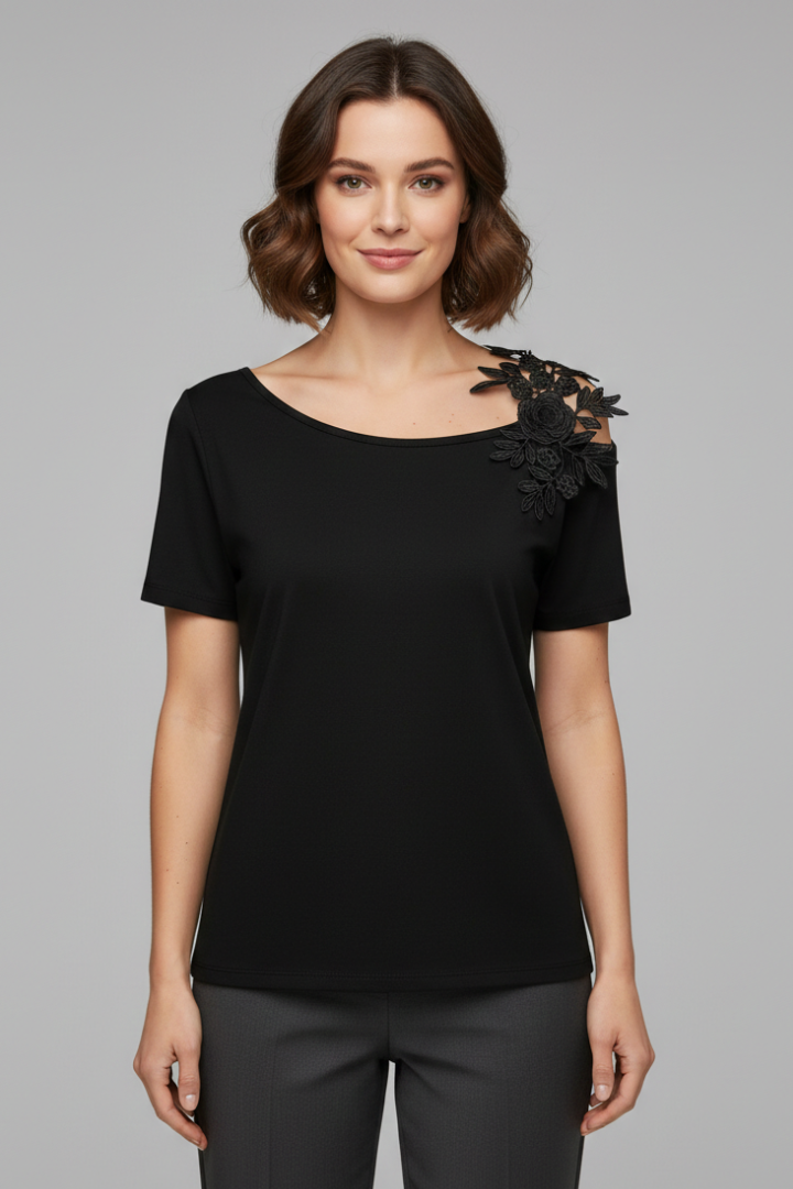 Women’s T-Shirt with Cold Shoulder and Floral Applique