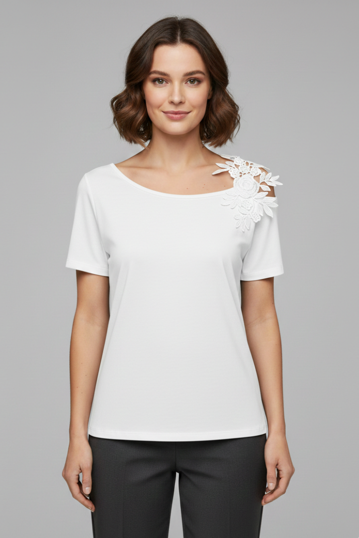 Women’s T-Shirt with Cold Shoulder and Floral Applique