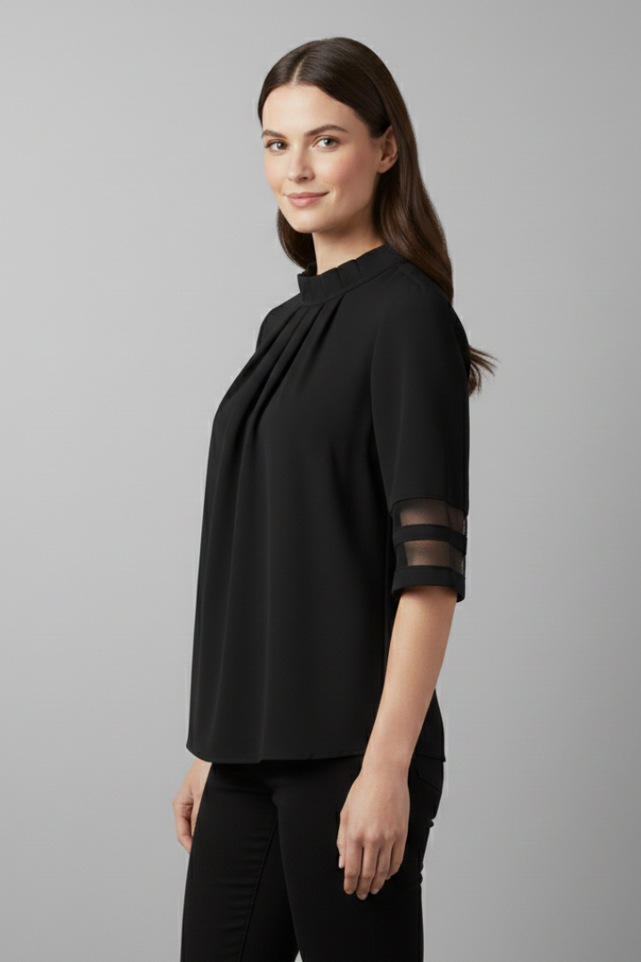 Women’s T-Shirt with High Neck and Mesh Sleeves